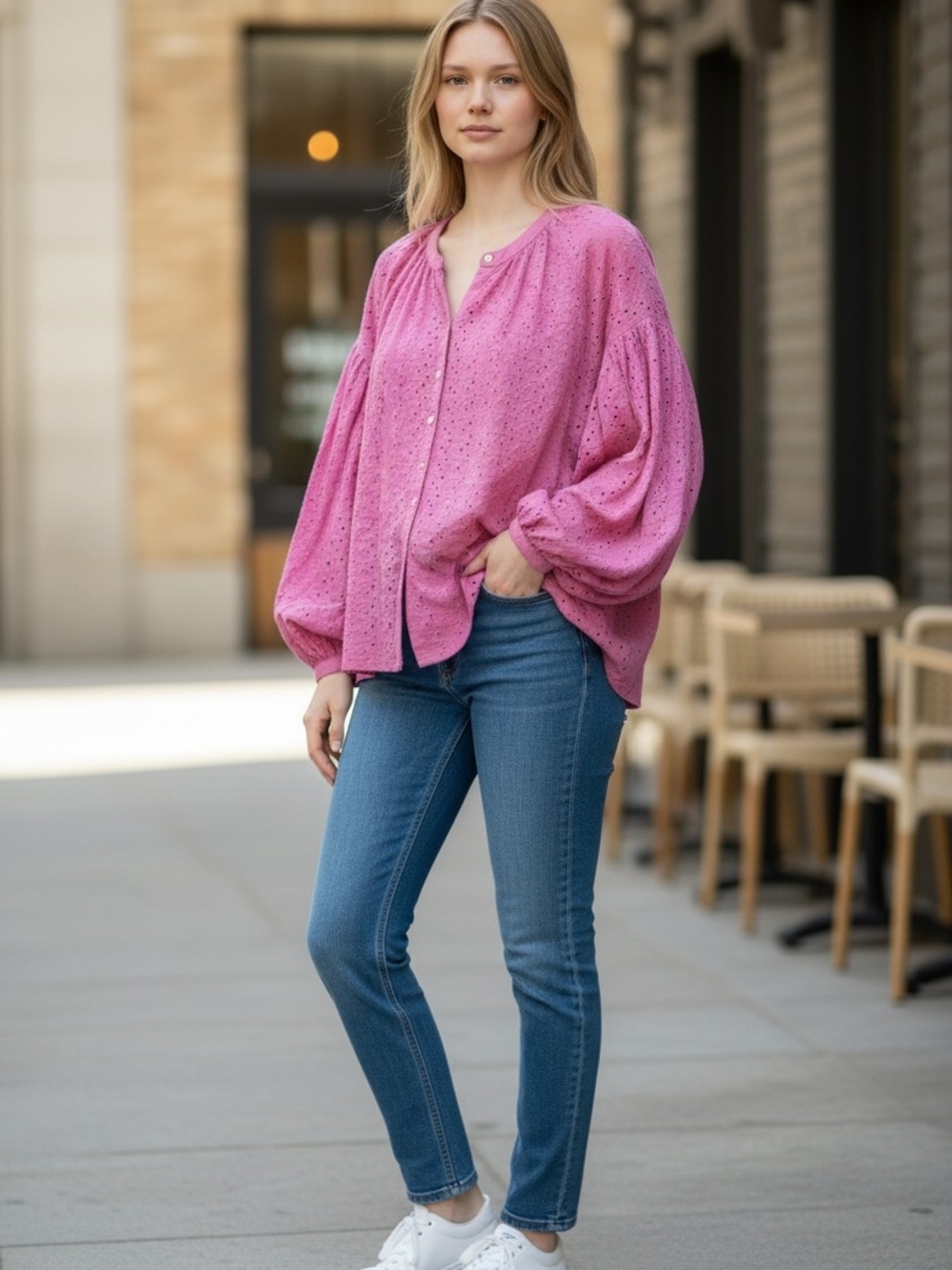 FP.Rose Pink Eyelet Button-Front Blouse